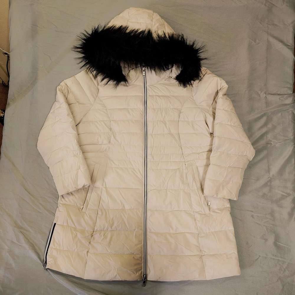 Nuage Women Cream Puffer Coat Faux Fur Hood Winter Jacket P1X Q5387PHK-333